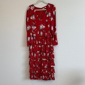 Wayf Scarlet Floral Midi Dress with Tiered Ruffles